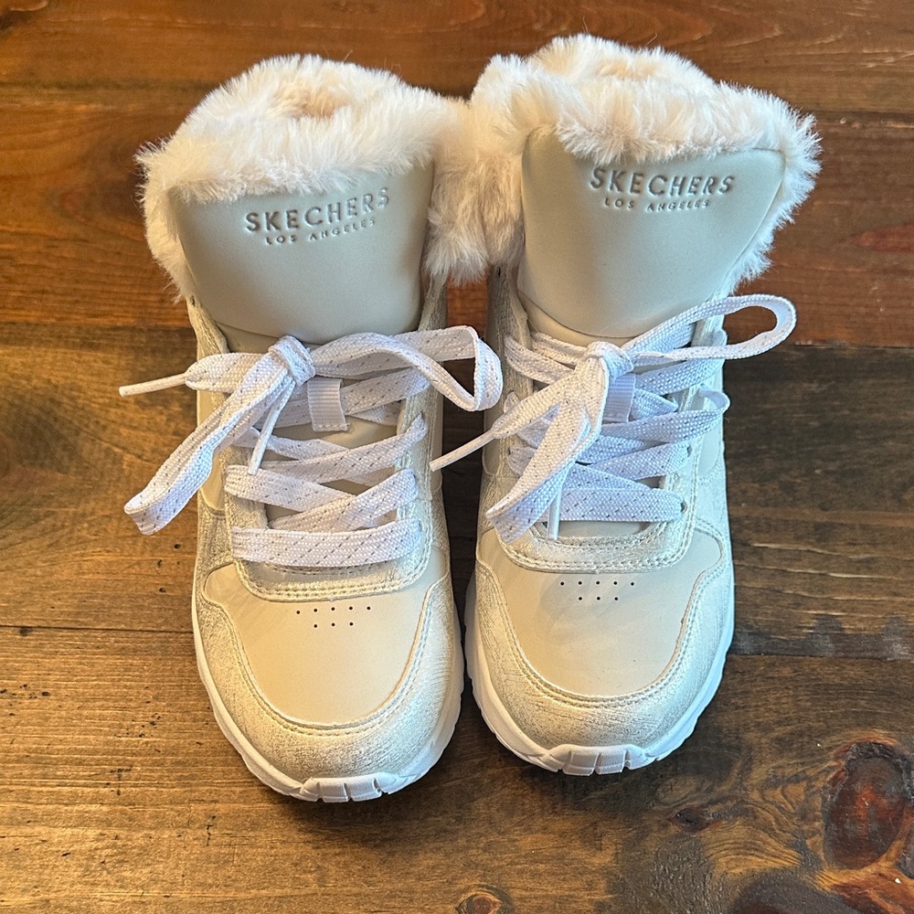 Skechers Kids Cream High-Top Faux Fur Lace-Up Sneakers